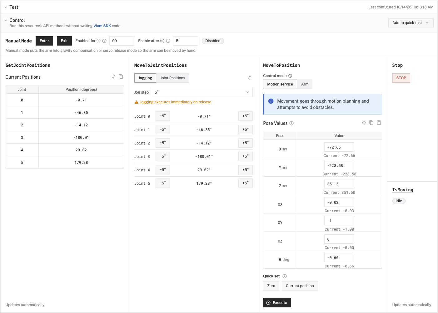 The arm Control card with MoveToJointPositions in Jogging mode, showing minus and plus 5 degree buttons for each joint, and MoveToPosition with its Current position and Execute buttons.